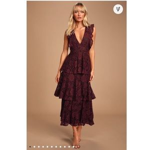 Lulu’s Molinetto Burgundy Lace Ruffled Tiered Sleeveless Maxi Dress.